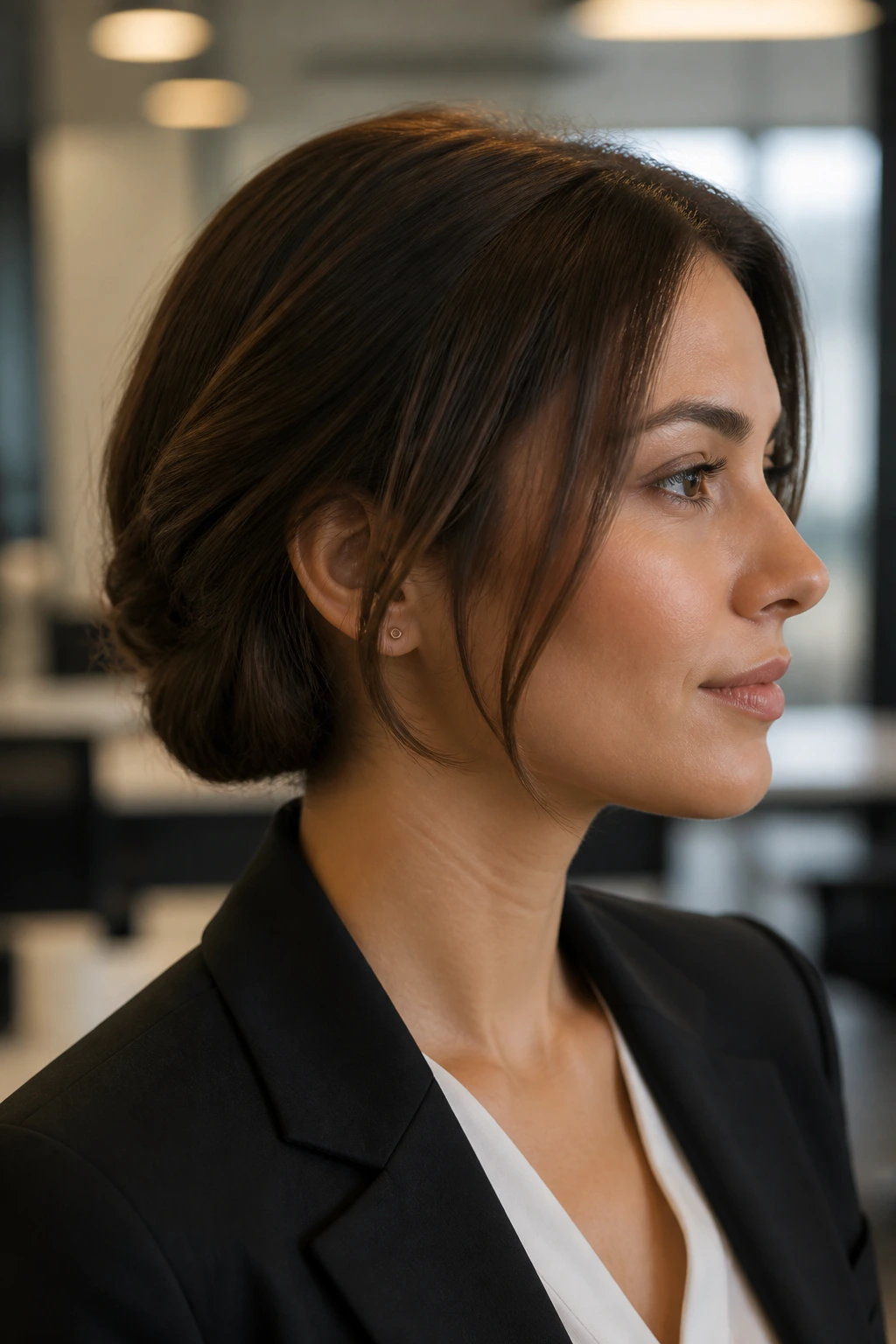 Close-up of a real woman with a tuck-under faux bob in an office