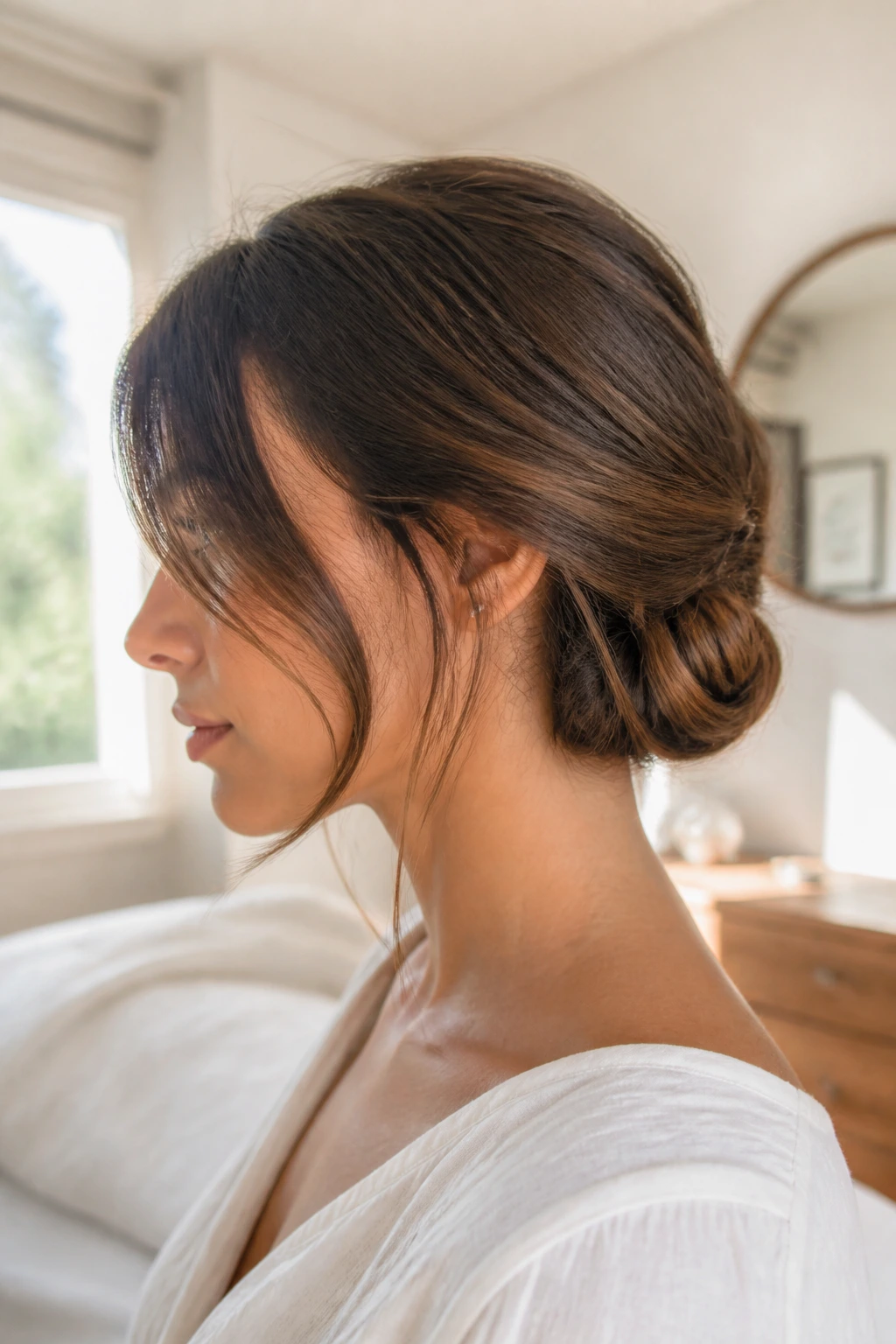 Side-profile close-up of a person with a tuck-under bob hairstyle