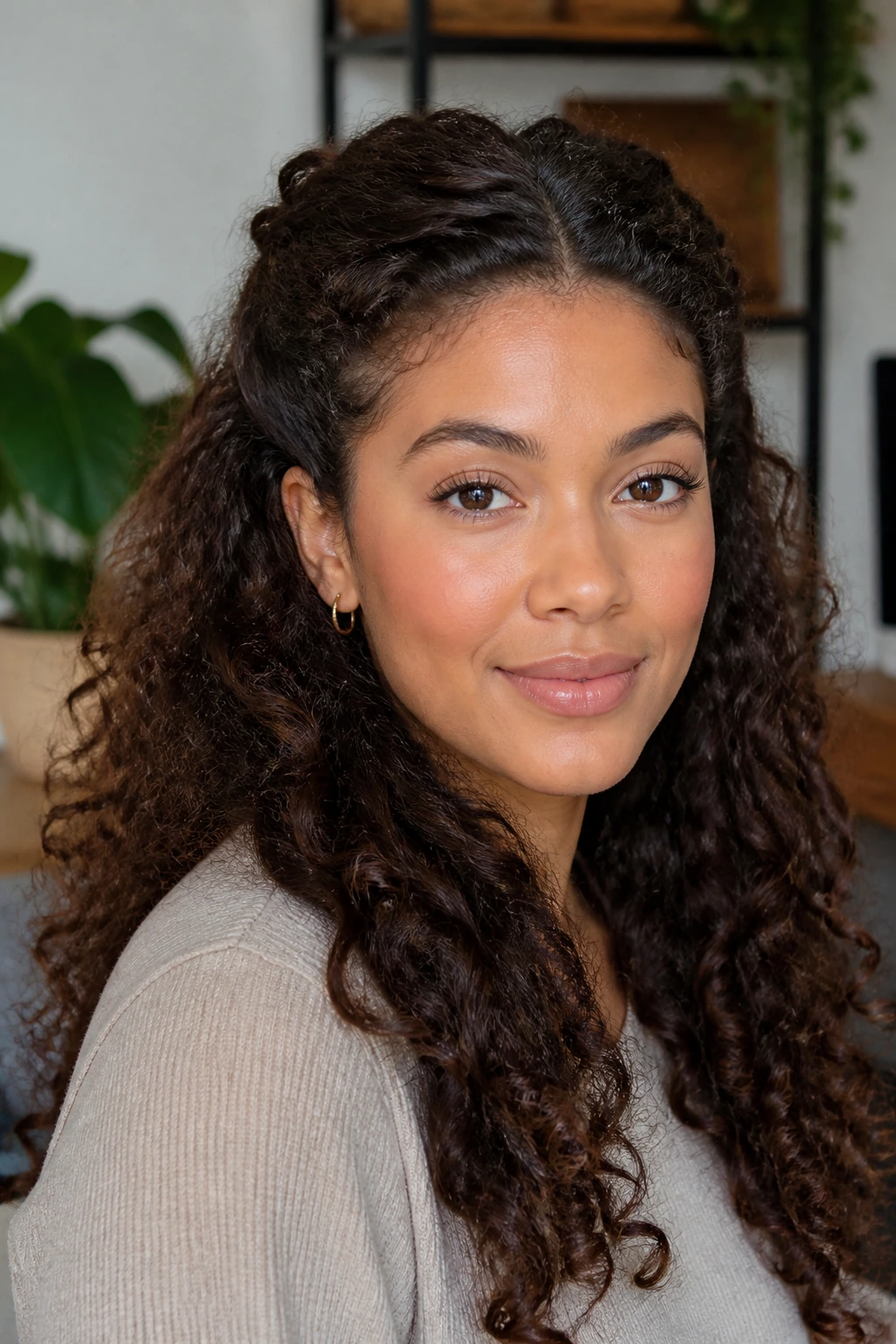 Close-up of a real woman with front twists pinned back, showcasing tucked-back curly hairstyle