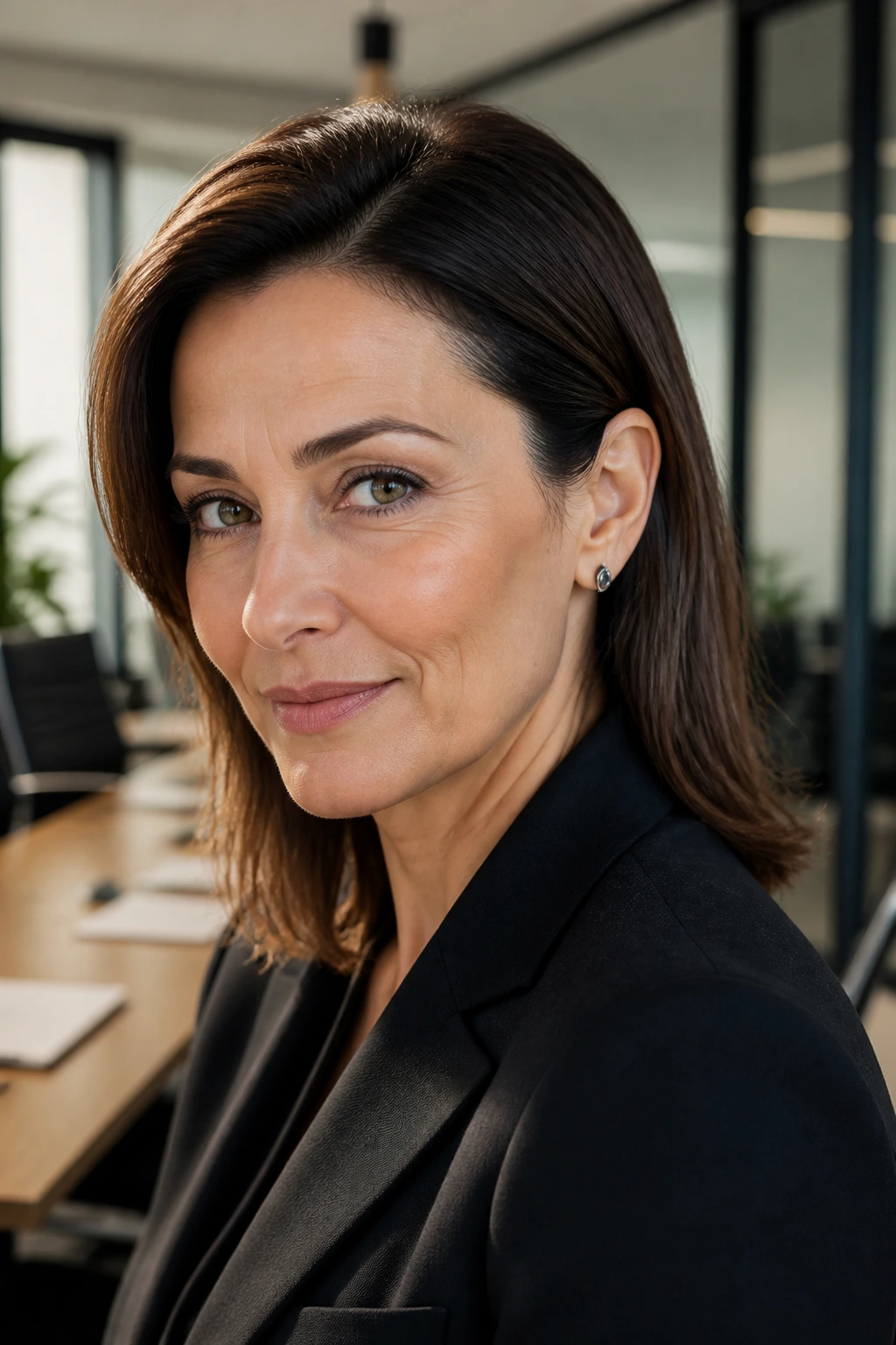 Woman with hair tucked behind the ear highlighting facial structure in office setting.