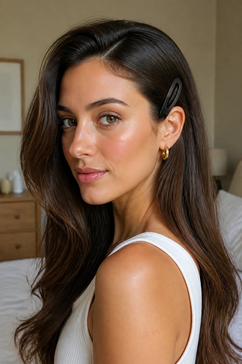 Close-up of thick hair tucked behind the ear with a clip