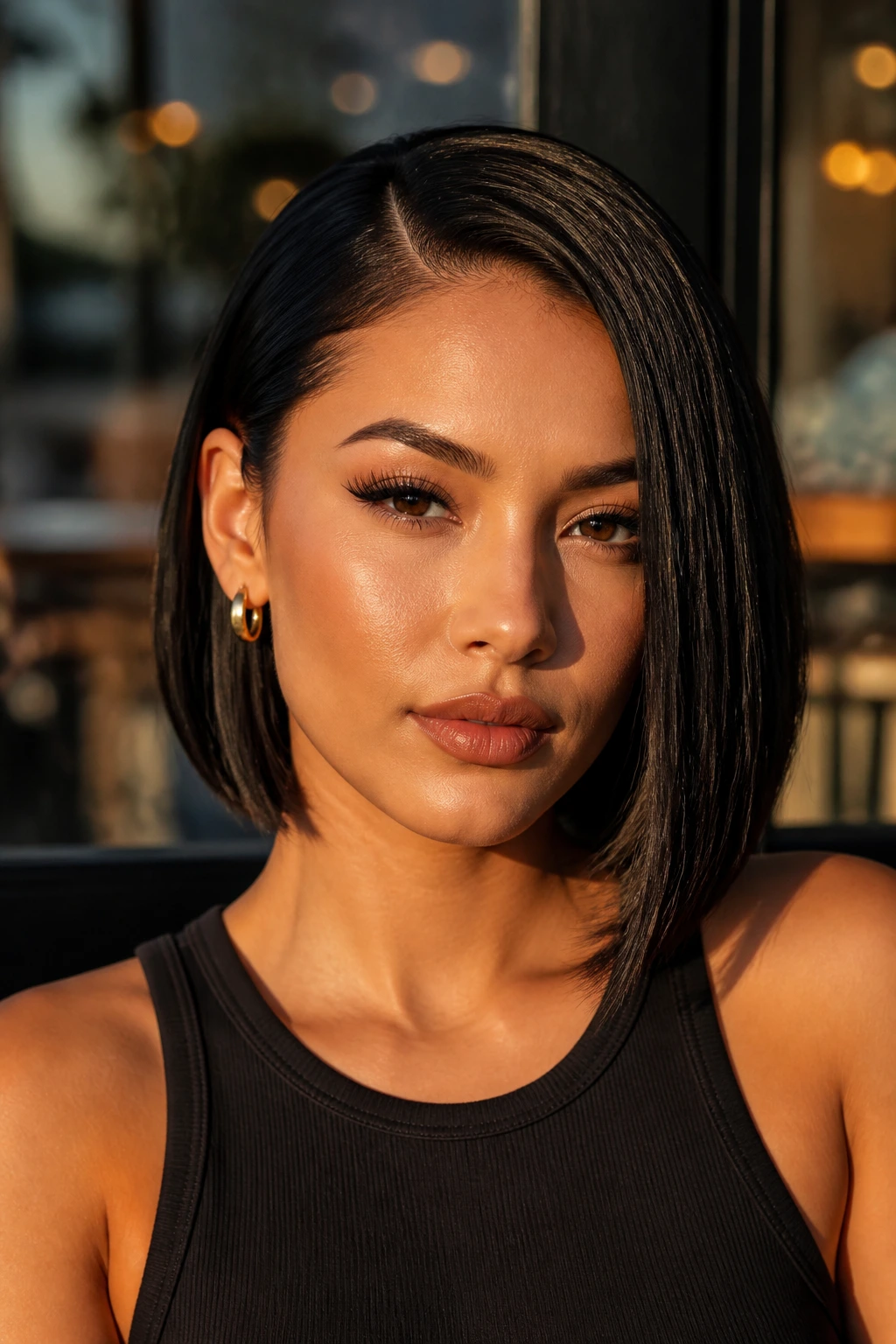 Woman with a tucked bob behind one ear in golden hour light.