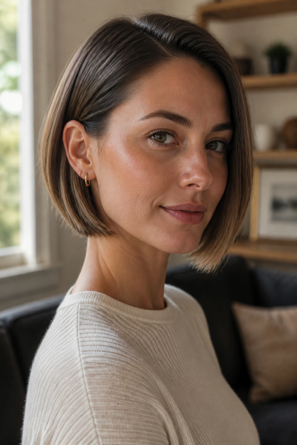 Close-up of a real woman with tucked-behind-ear jaw-length angled bob in warm window light
