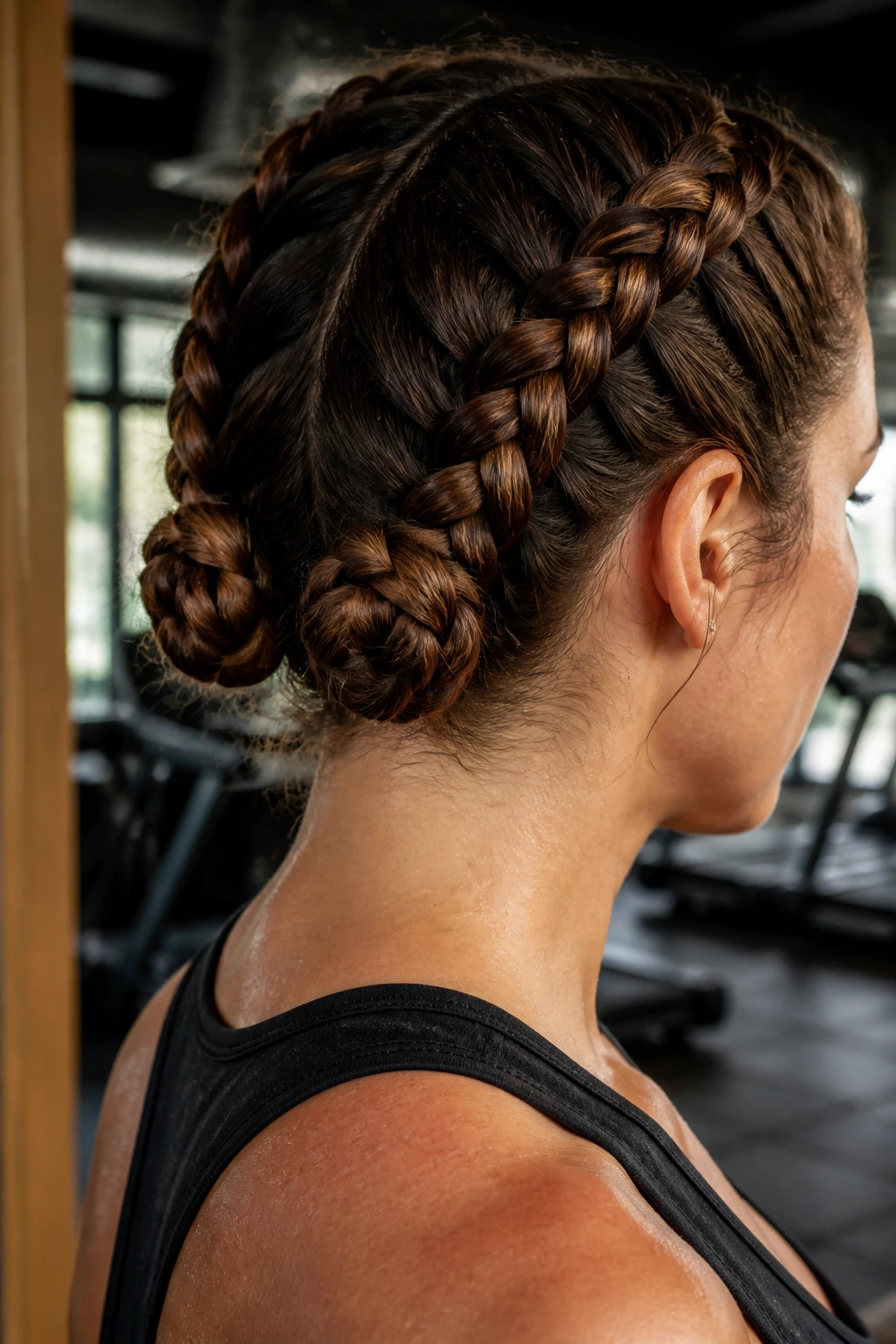 Close-up portrait of a real person wearing two tucked-in braided pigtails in a cardio gym
