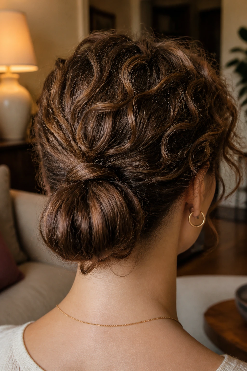 Back-of-head shot of a real woman with a tucked-in loop ponytail