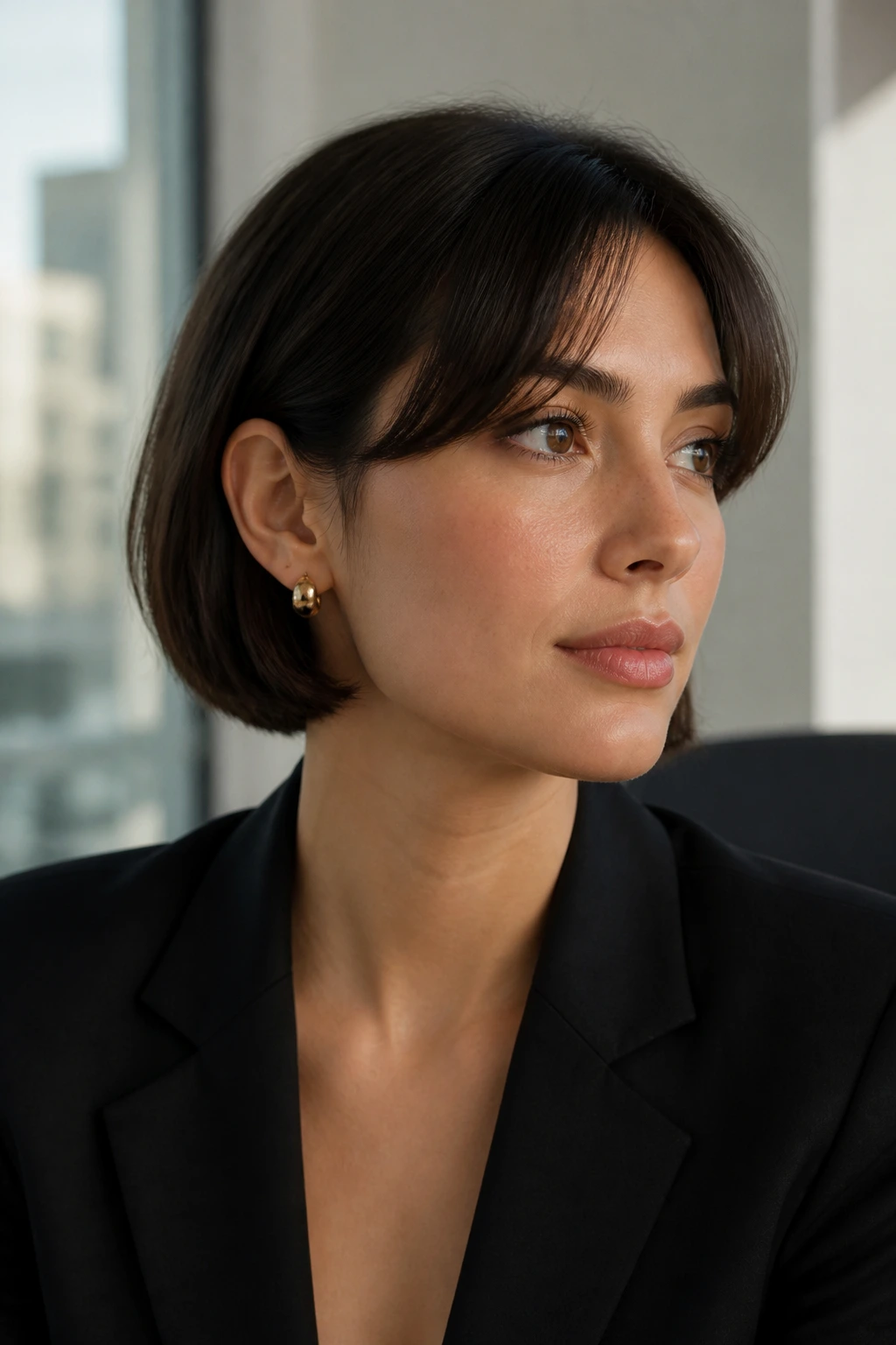 Close-up of a woman with tucked behind-the-ears minimalist bob in an office