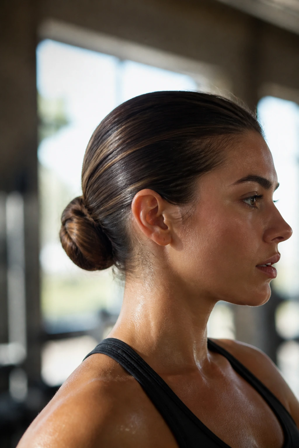Close-up of a woman with a tucked ponytail forming a neat loop