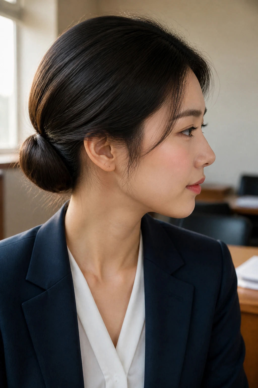 Real person with a tucked-under chignon hairstyle