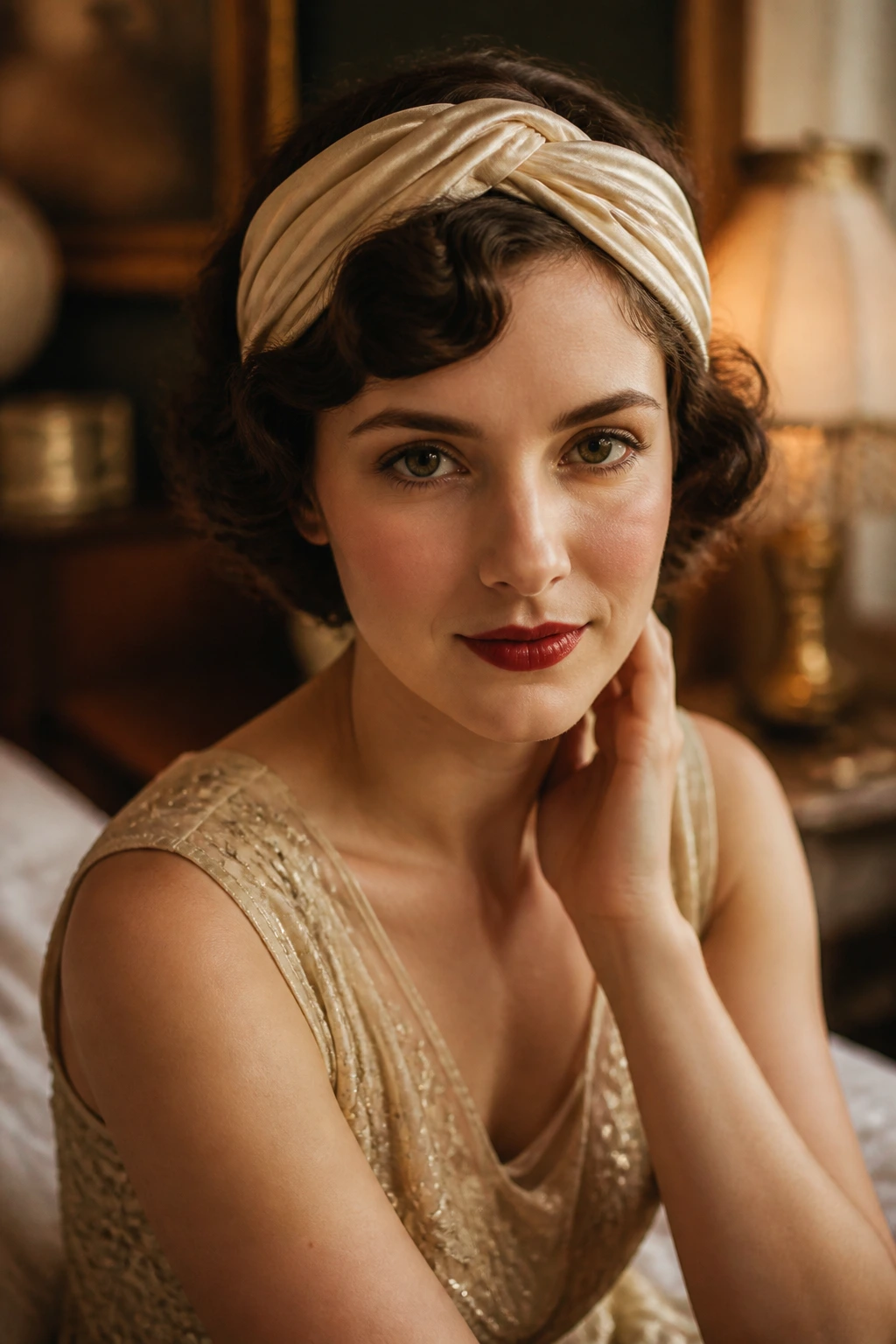 Portrait of a real woman wearing a silk turban headband with vintage curls