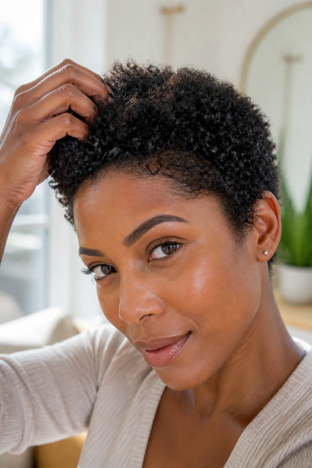 Real person with tiny afro being shake-out defined in natural light