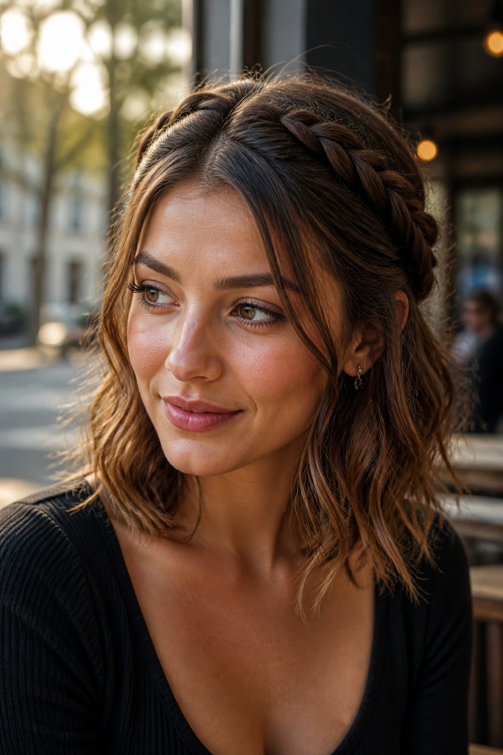 Real woman featuring twin crown braids with soft waves in warm outdoor cafe light