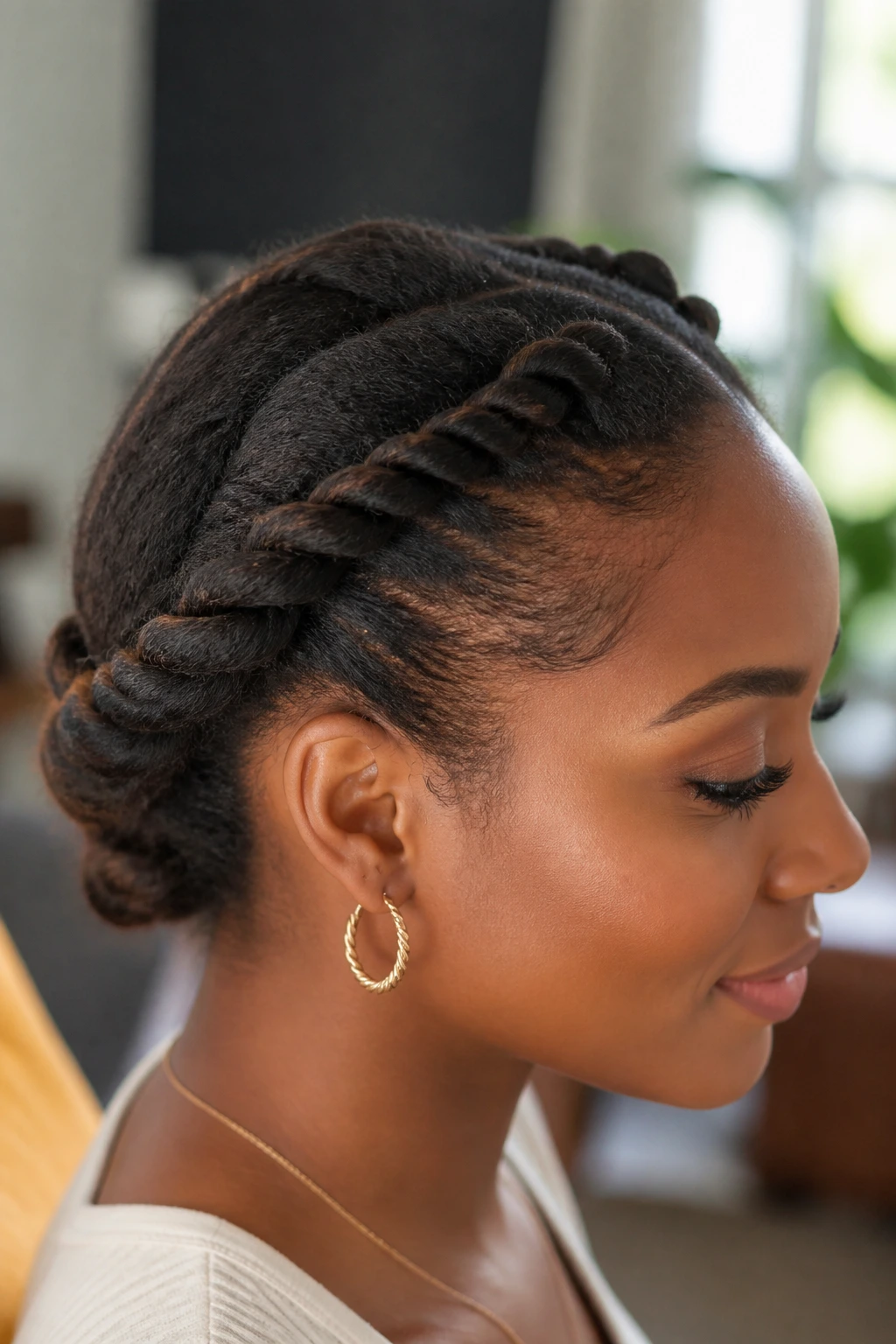 Close-up of a woman with twin rope twists on the head
