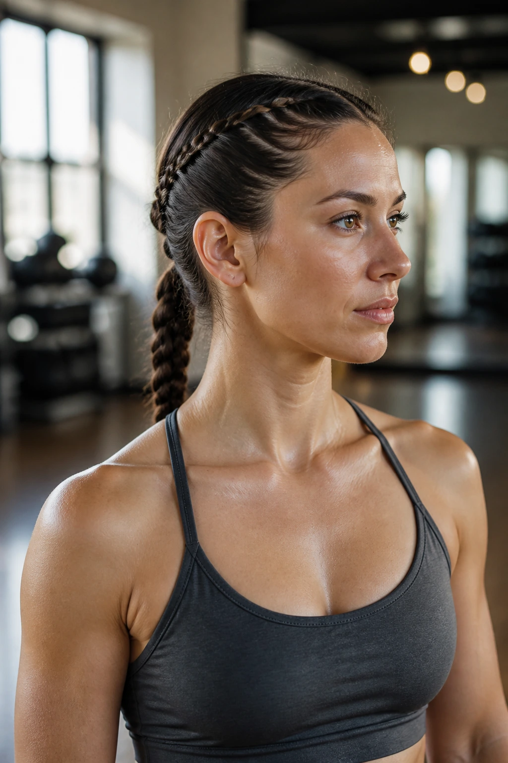 Three-quarter view of a person with twists pulled back into a braided ponytail