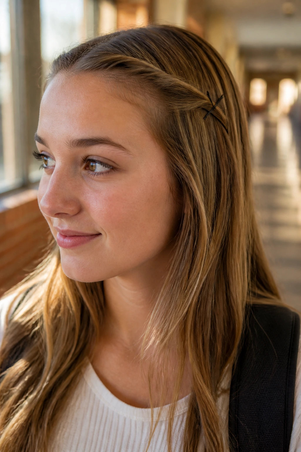Close-up of a real woman with a twisted side-sweep pinned in an X in a sunlit hallway