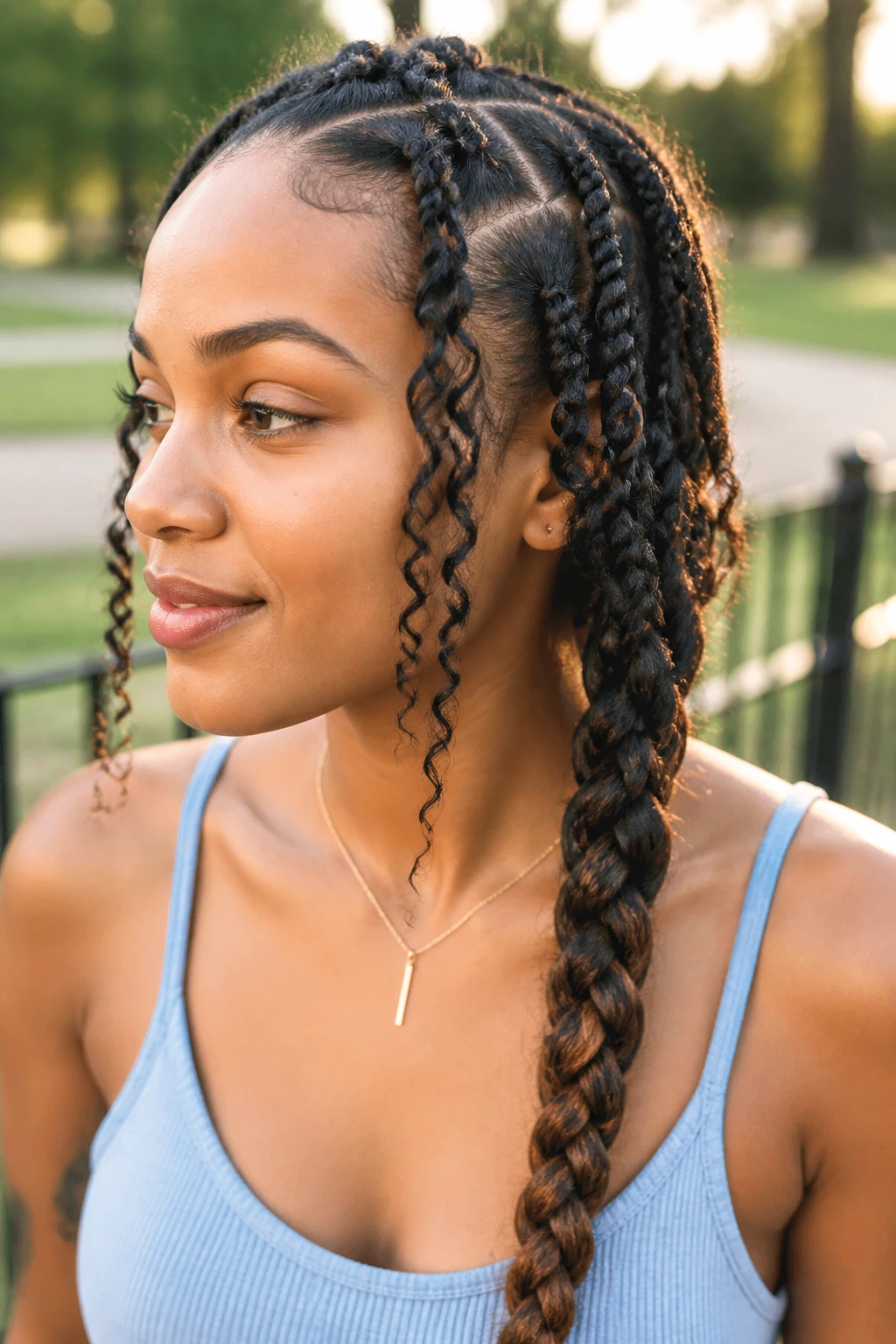 Close-up of real woman with twist-braid hybrid on curly hair in golden hour light