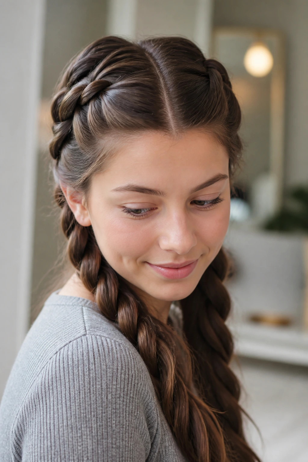 Close-up of a real person with two symmetrical side twists along the head.