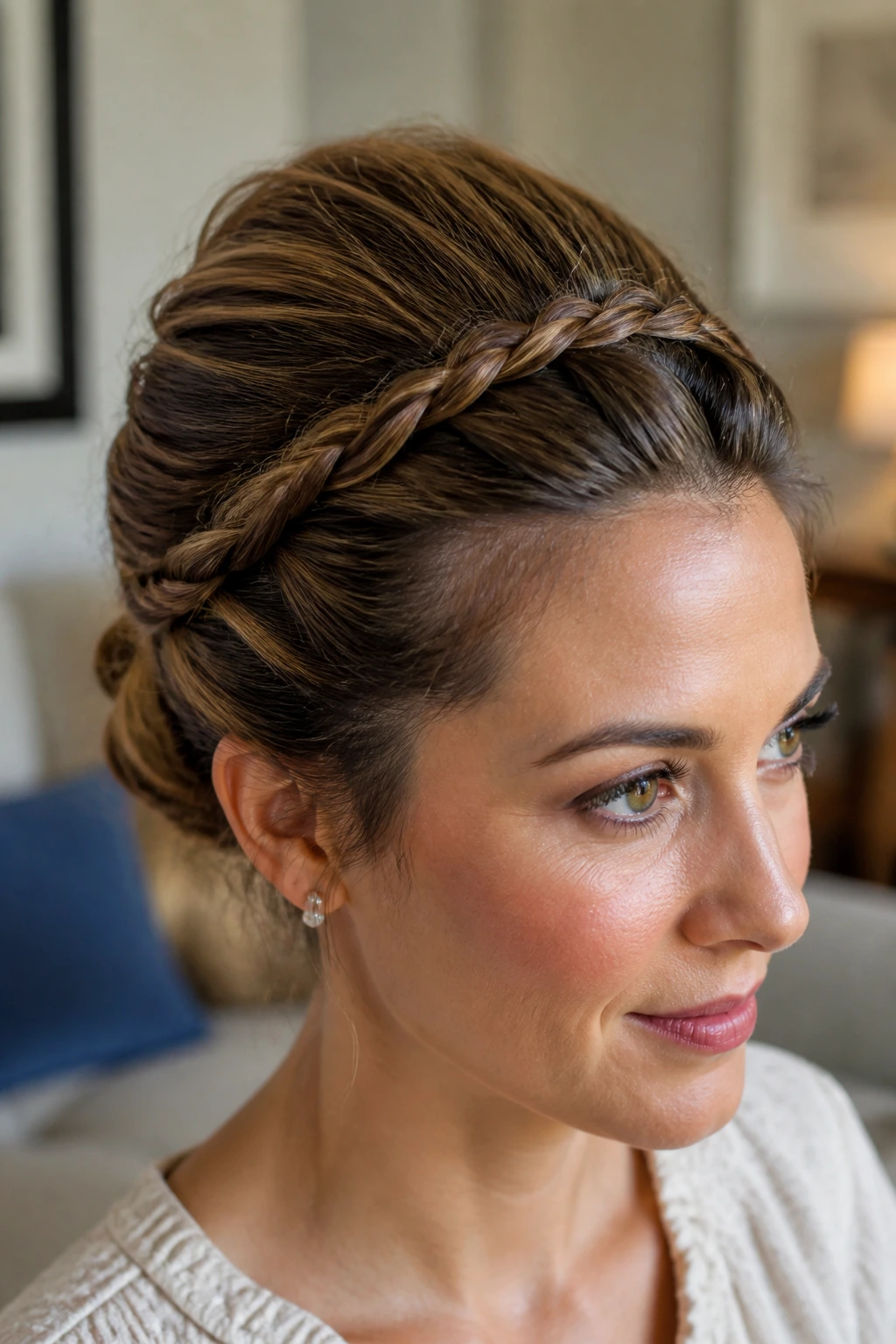 Close-up portrait of a real woman with twisted crown beehive