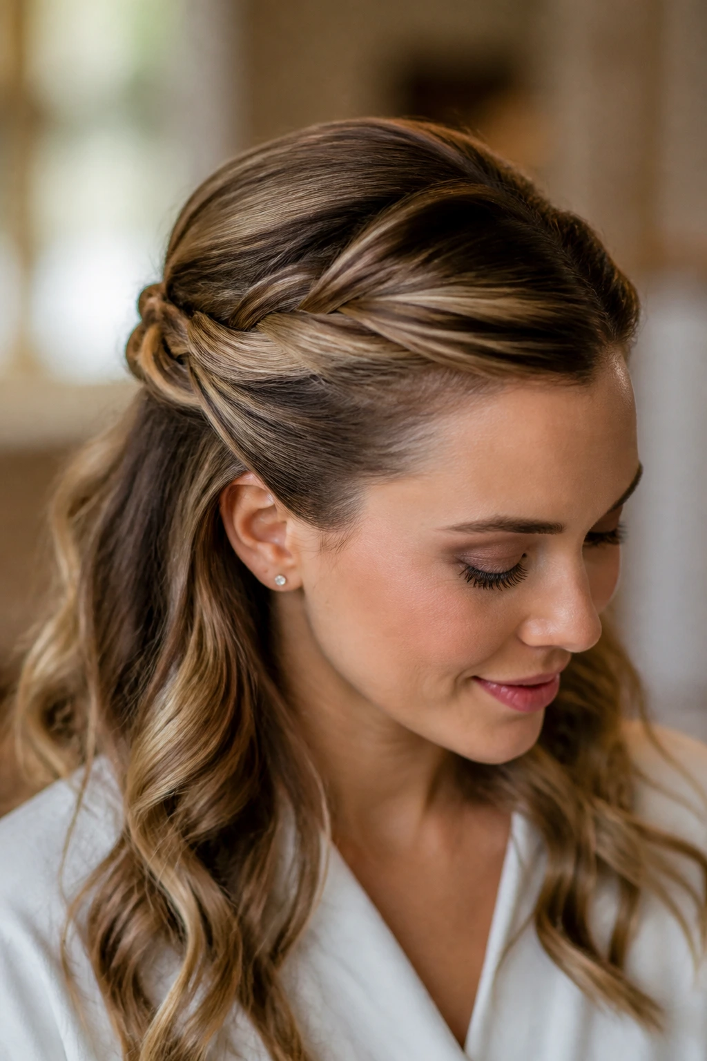 Half-up crown hairstyle with two twists at the temples