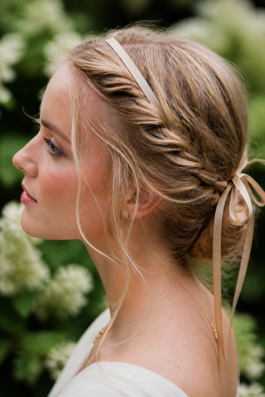 Side profile of a real woman wearing a twist-and-pin crown with a ribbon headband