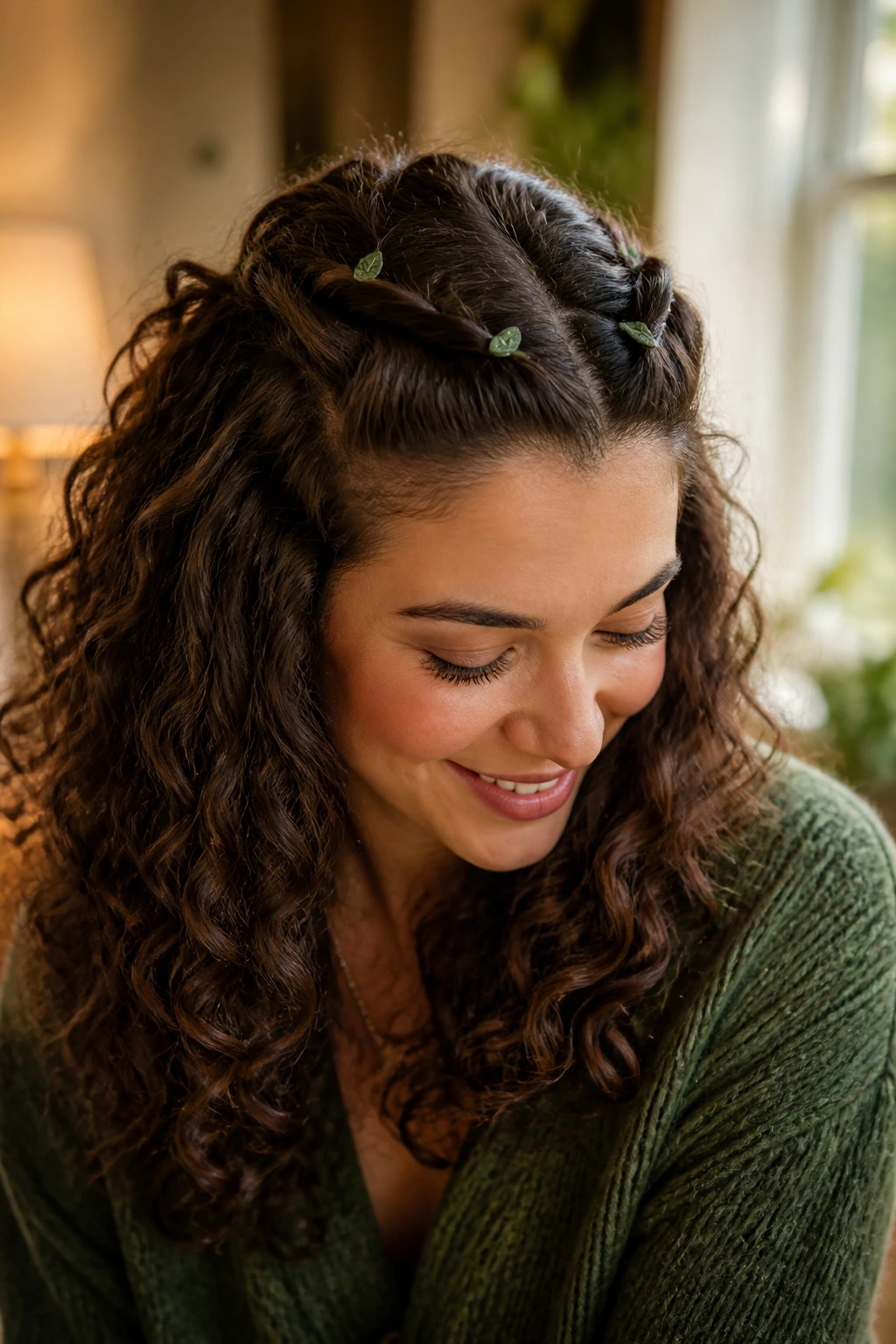 Close-up of twisted front hair forming a headband with subtle green pins on a real person