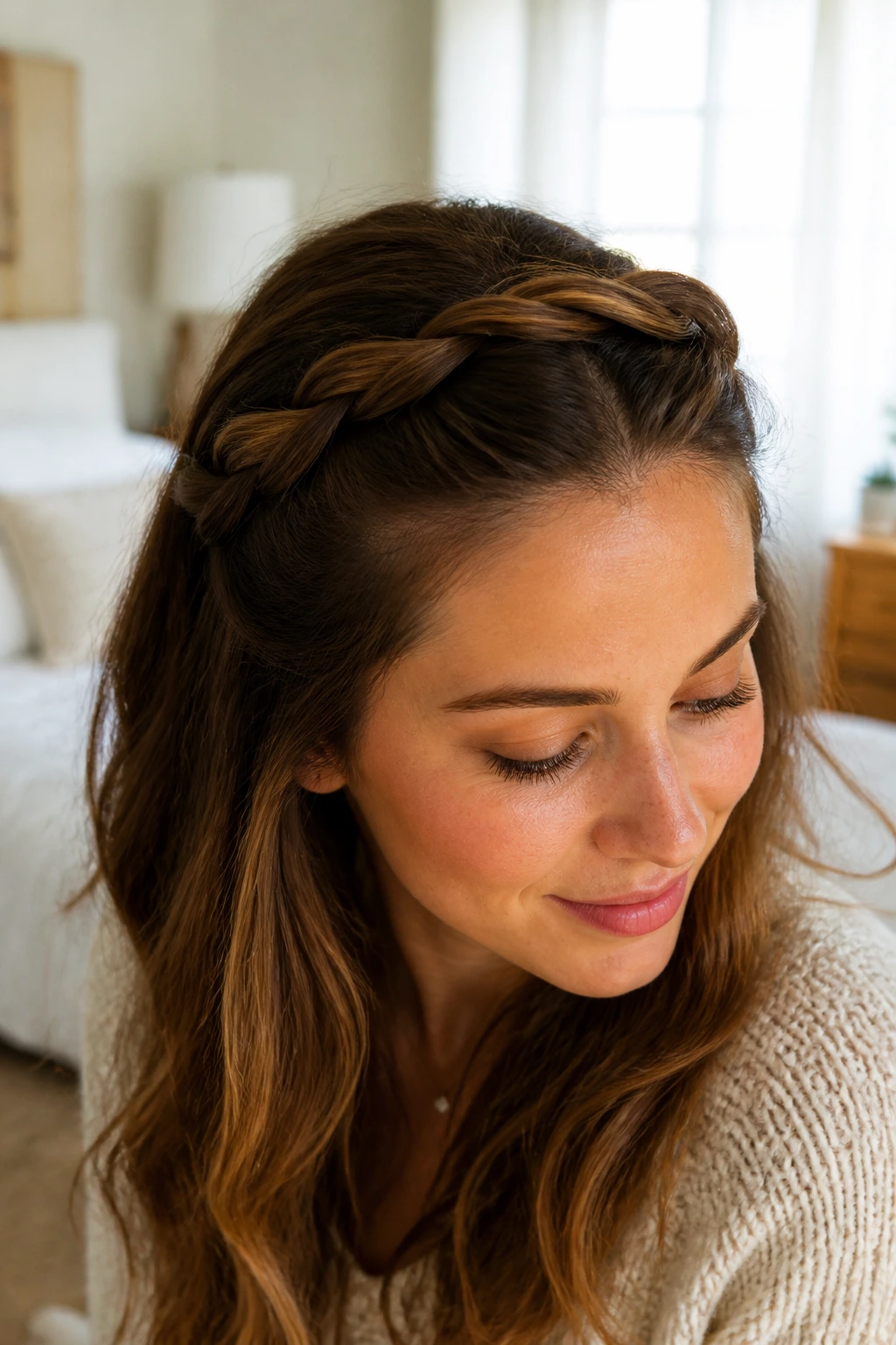 Close-up of a real woman with a gentle twist-and-pin headband across the crown