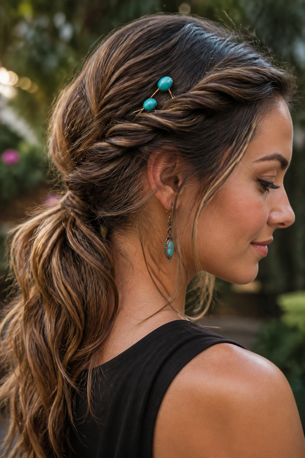 Close-up of twisted low ponytail with turquoise accents on a real person