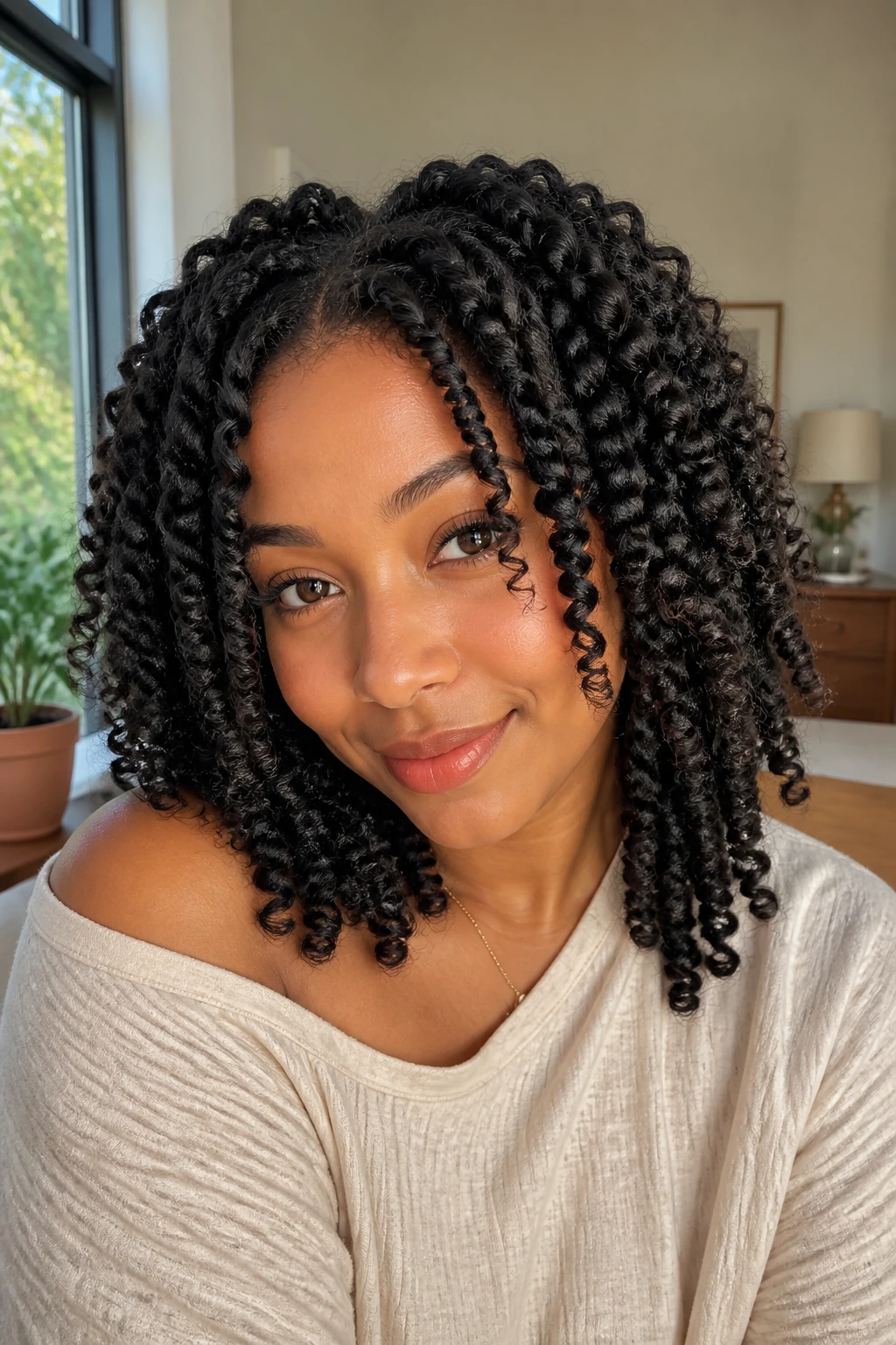 Close-up portrait of a real woman with a two-strand twist out hairstyle