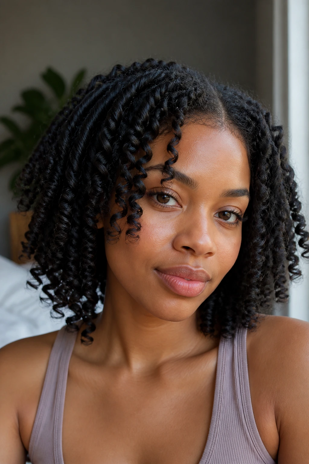 Close-up of a real woman with twist-out curls in warm bedroom light.