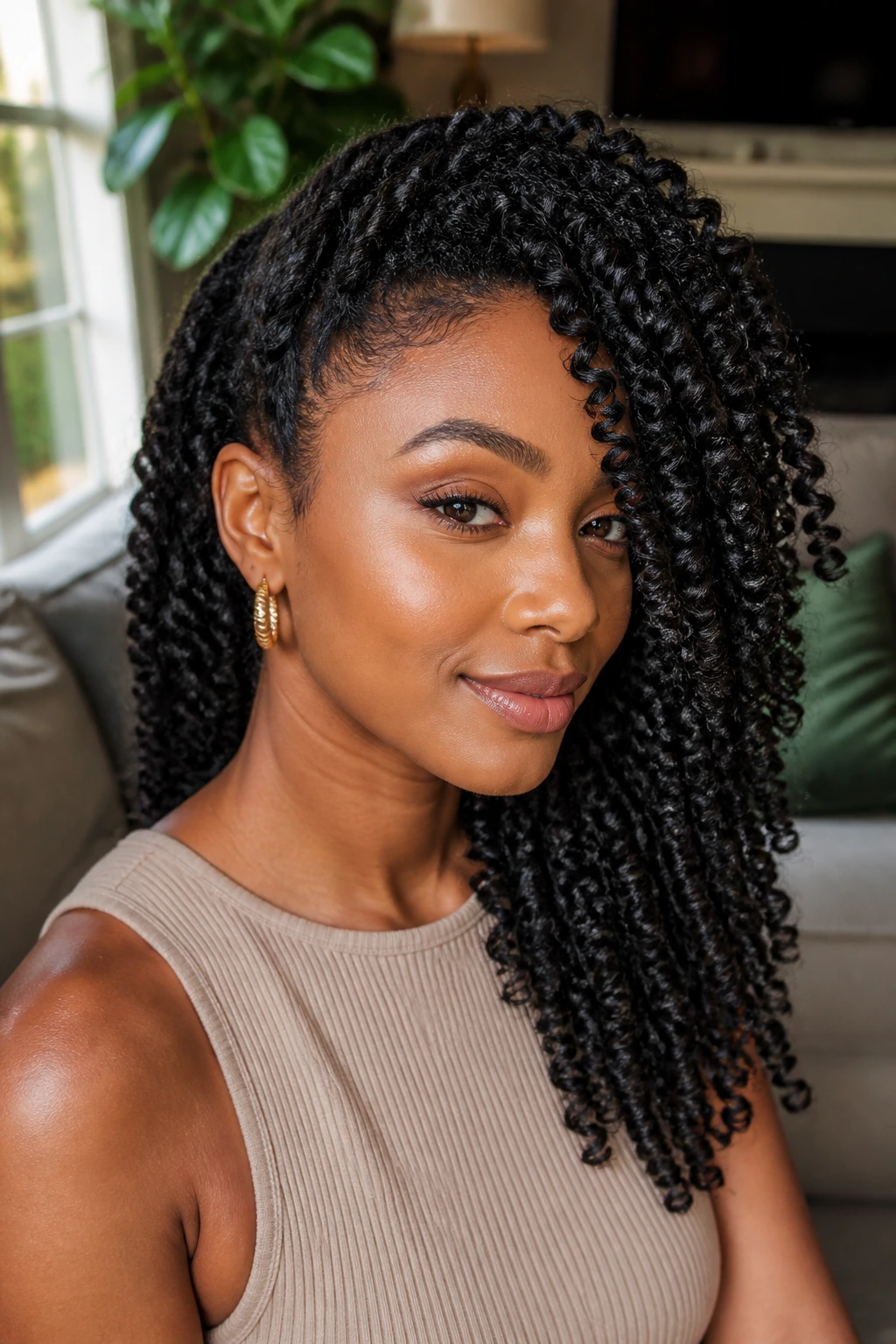 Close-up of a real Black woman with voluminous two-strand twists swept to one side.