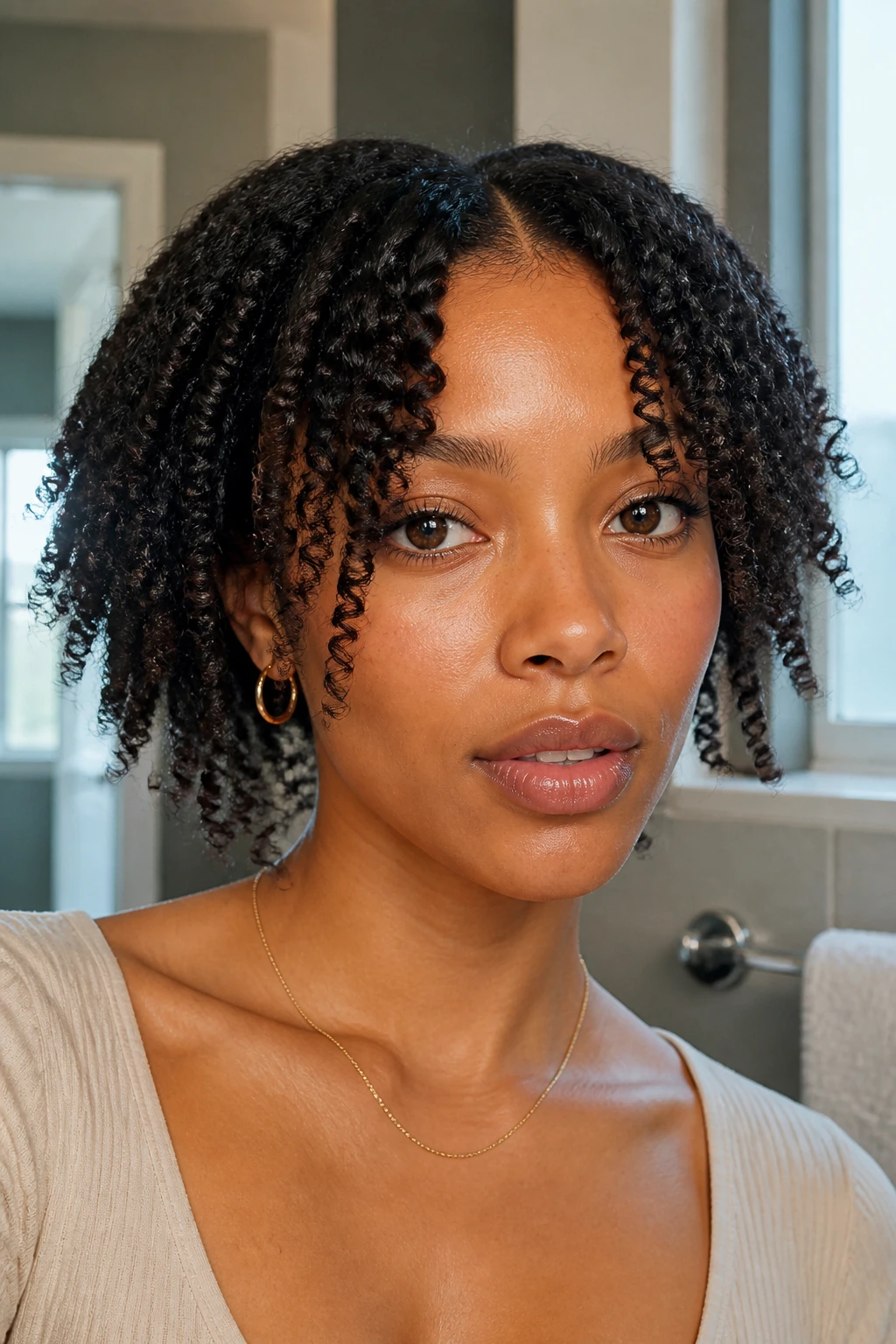 Close-up of a woman with twist-out curtain bangs, defined curls framing the face in soft window light
