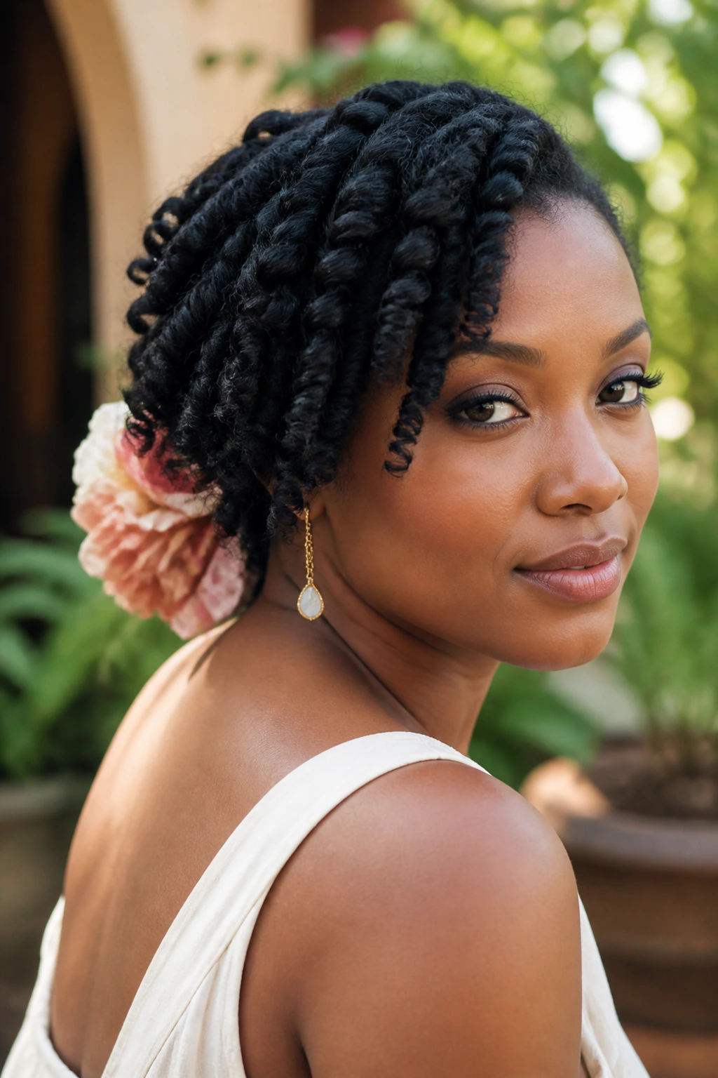 Close-up portrait of a real woman twist-out with floral accessory at nape