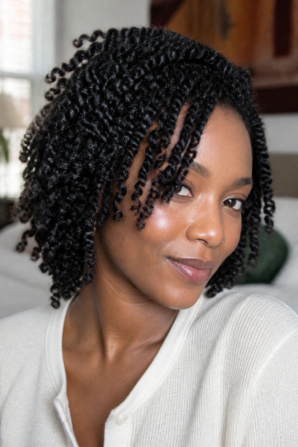 Close-up of a real woman with a defined two-strand twist-out hairstyle in natural bedroom light
