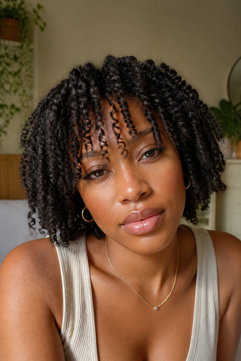Close-up of twist-out messy bangs on a real person