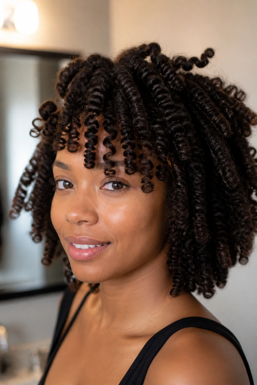 Close-up of a real woman with a refreshed twist-out in soft morning light