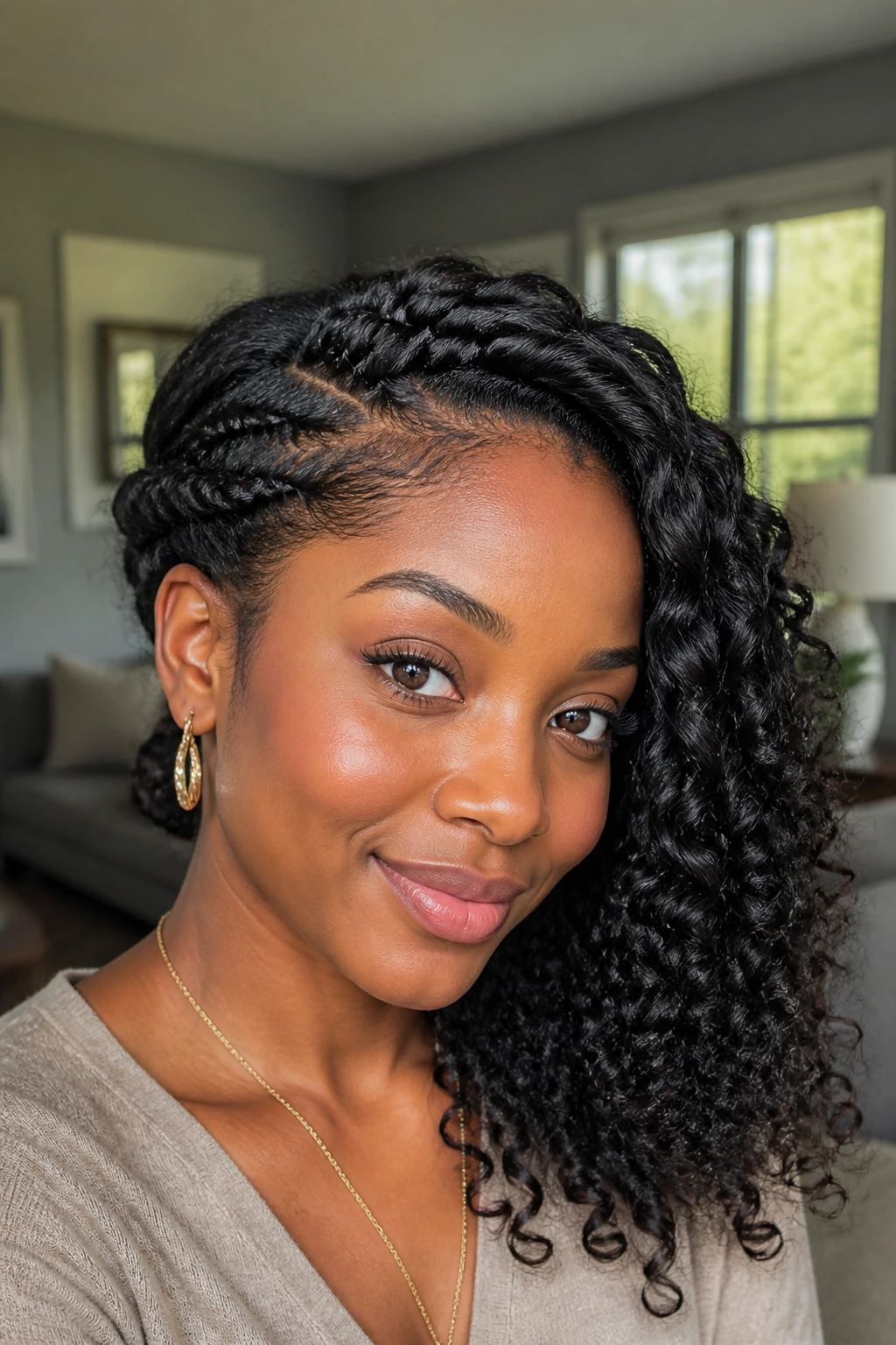 Close-up portrait of a real woman with twist-and-pin side crown hairstyle