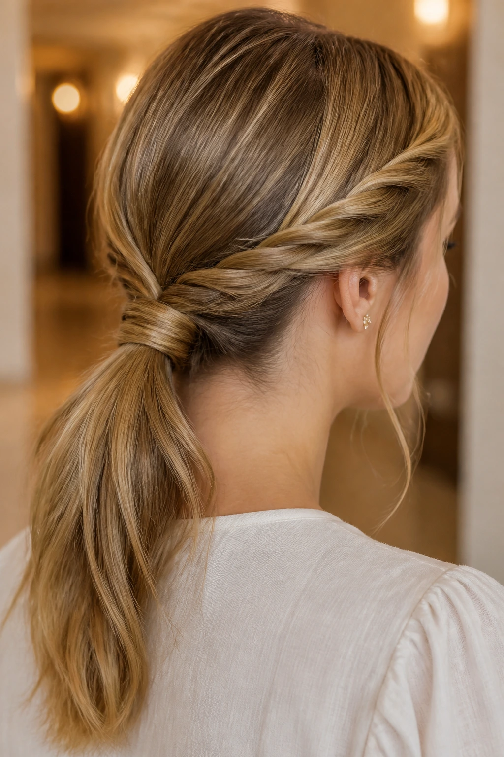 Medium close-up of a real woman with a twisted low ponytail indoors