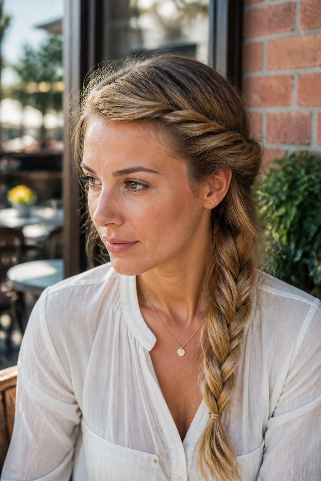 Close-up portrait of a real woman with the Twisted Side-Swept Plait along the hairline.