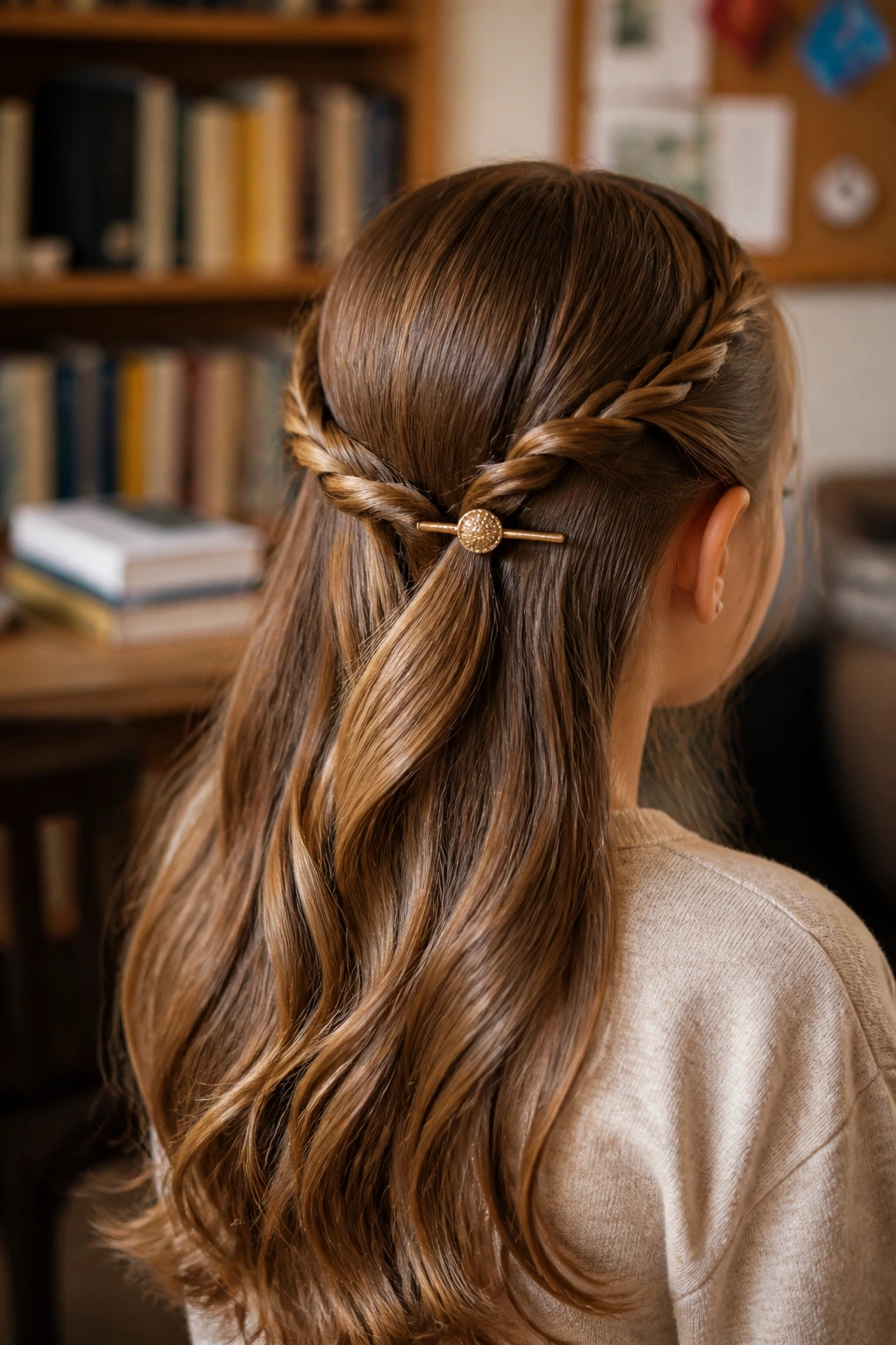 Close-up of a real person with twisted braid ends pinned at the back