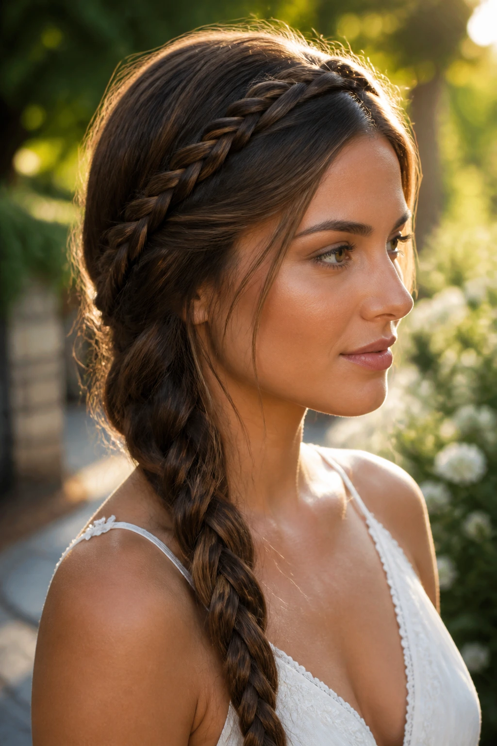 Close-up of a real woman with a twisted braid headband hairstyle