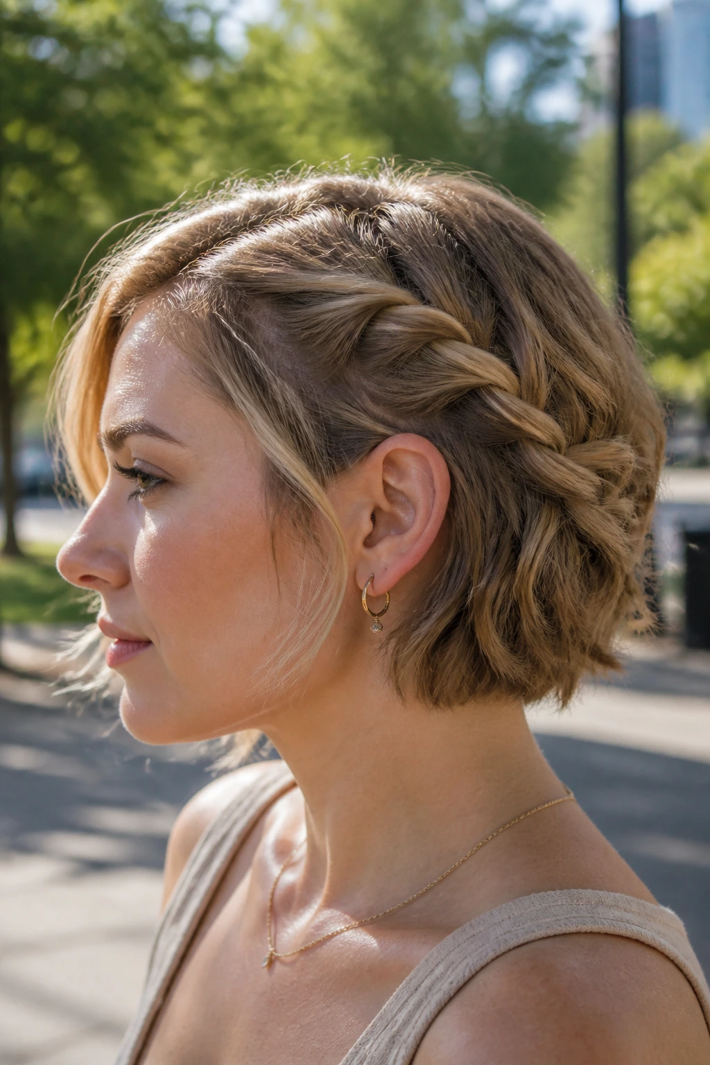 Profile portrait of a real woman with a twisted side-swept braid along the side of her head in an outdoor park.