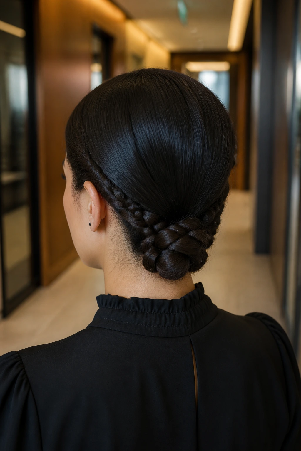 Back view of woman with two braids twisted into a low bun at the nape.