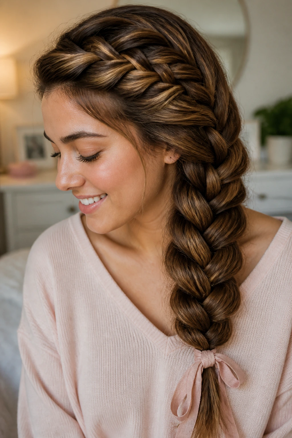 Close-up of a real woman with side-swept twisted braids pancaked for volume