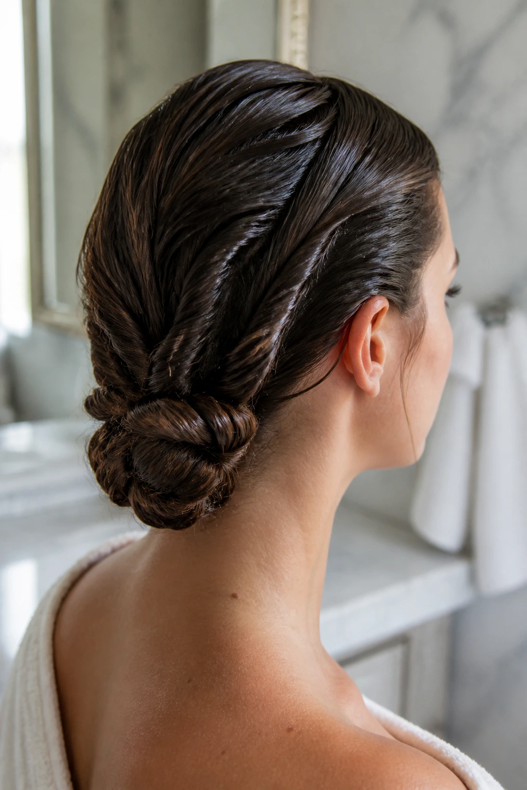 Close-up of a real woman with a triple-twisted low chignon at the nape in damp hair