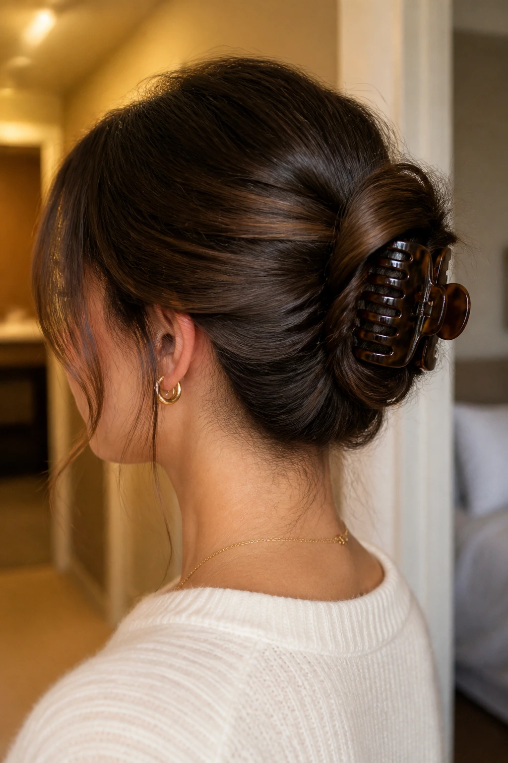 Close-up of a woman with a twisted chignon secured by a claw clip at the back