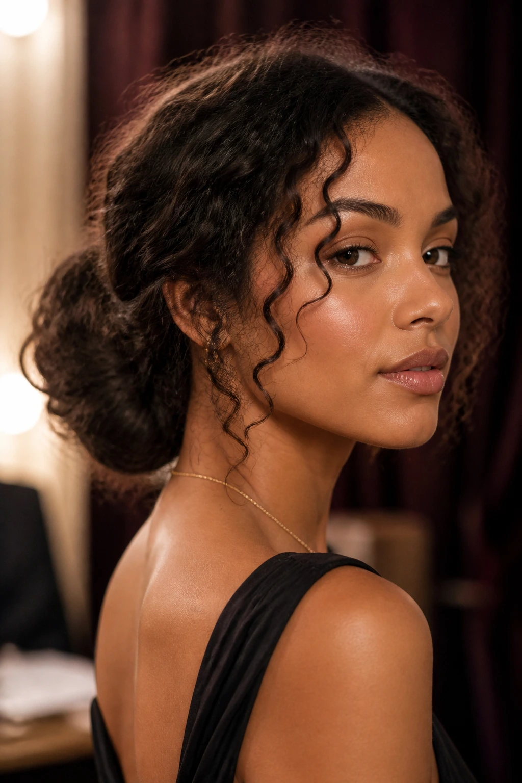 Close-up of a real woman with a loose low chignon at the nape and face-framing curls