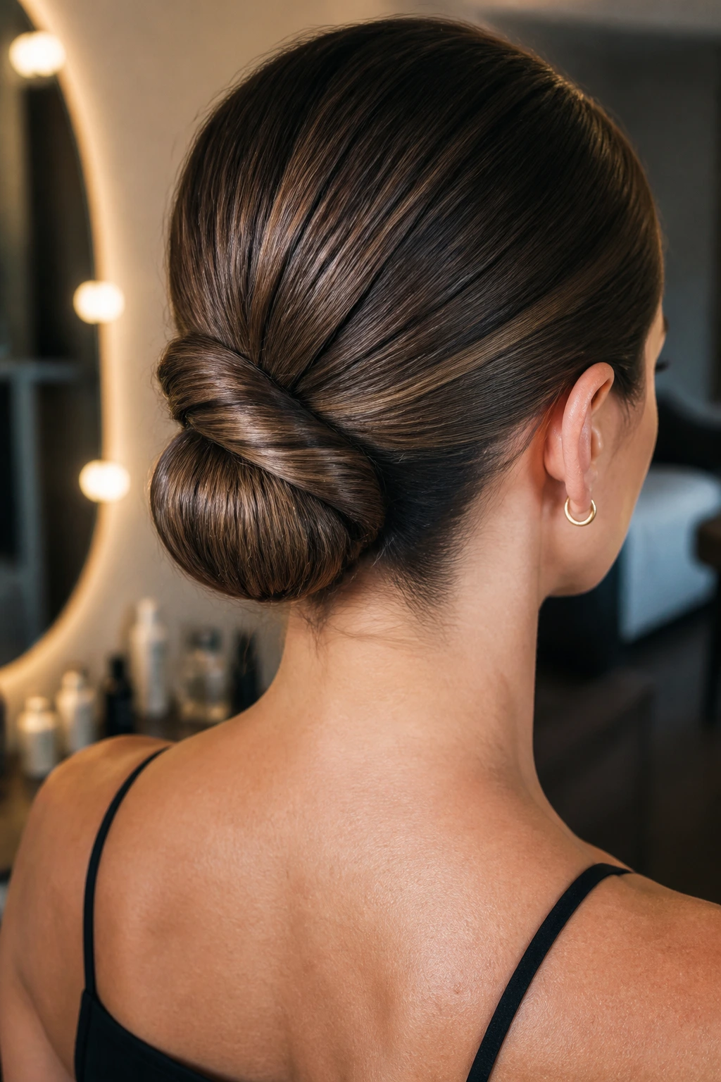 Rear-profile view of a real woman with a twisted low-profile chignon at the nape
