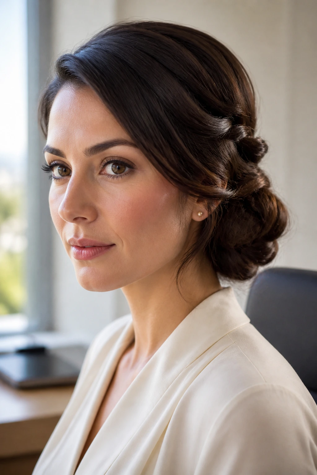 Close-up of a real woman with a twisted side chignon in an office setting