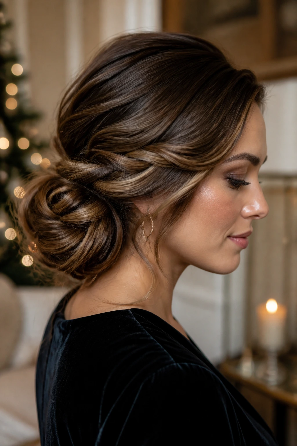 Close-up of a real woman with a twisted side chignon behind her ear