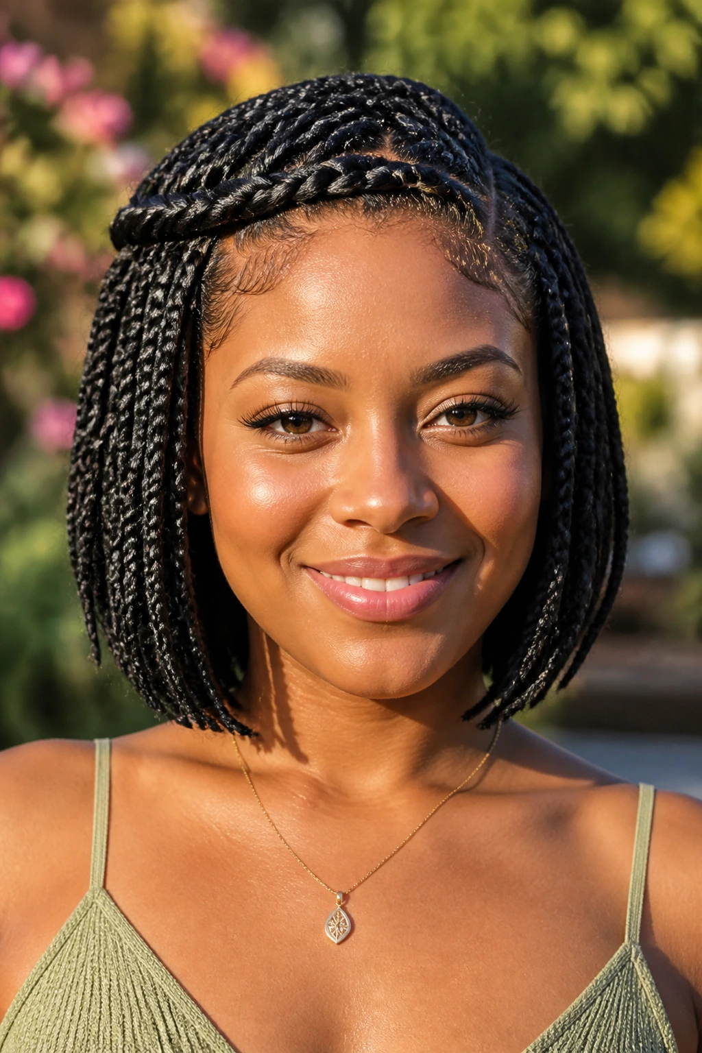 Front view of a real woman with twisted crown along hairline into bob, outdoors in sunlit garden