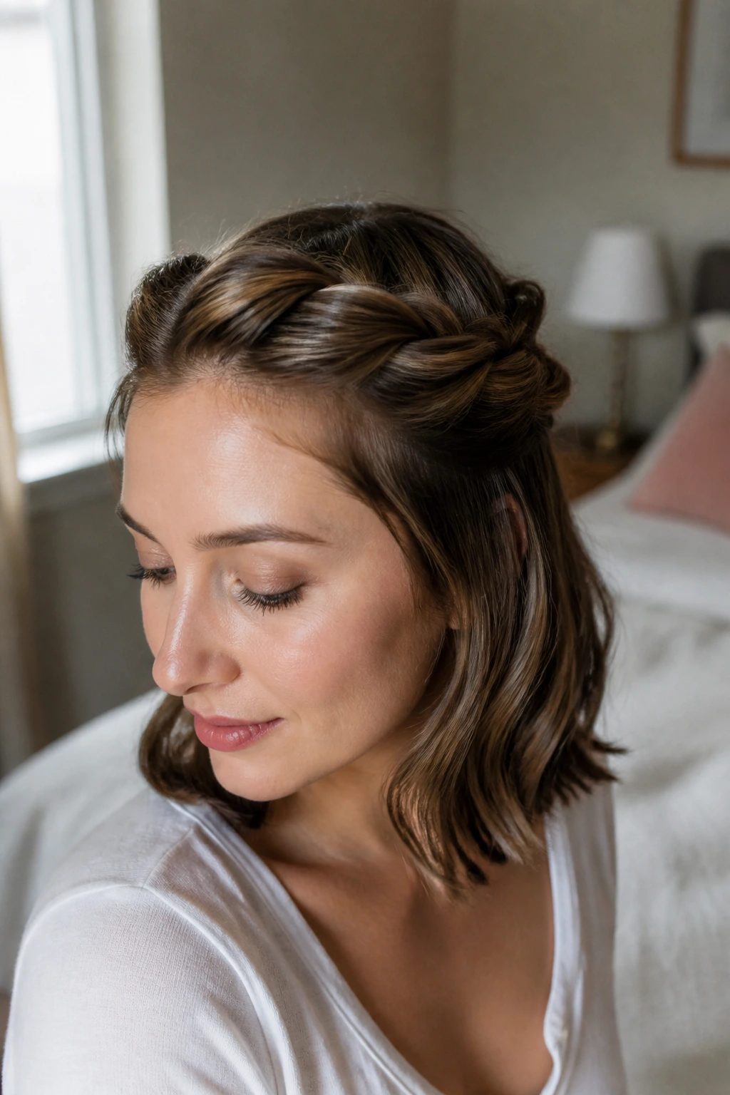Close-up of a real woman with a twisted crown hairstyle.